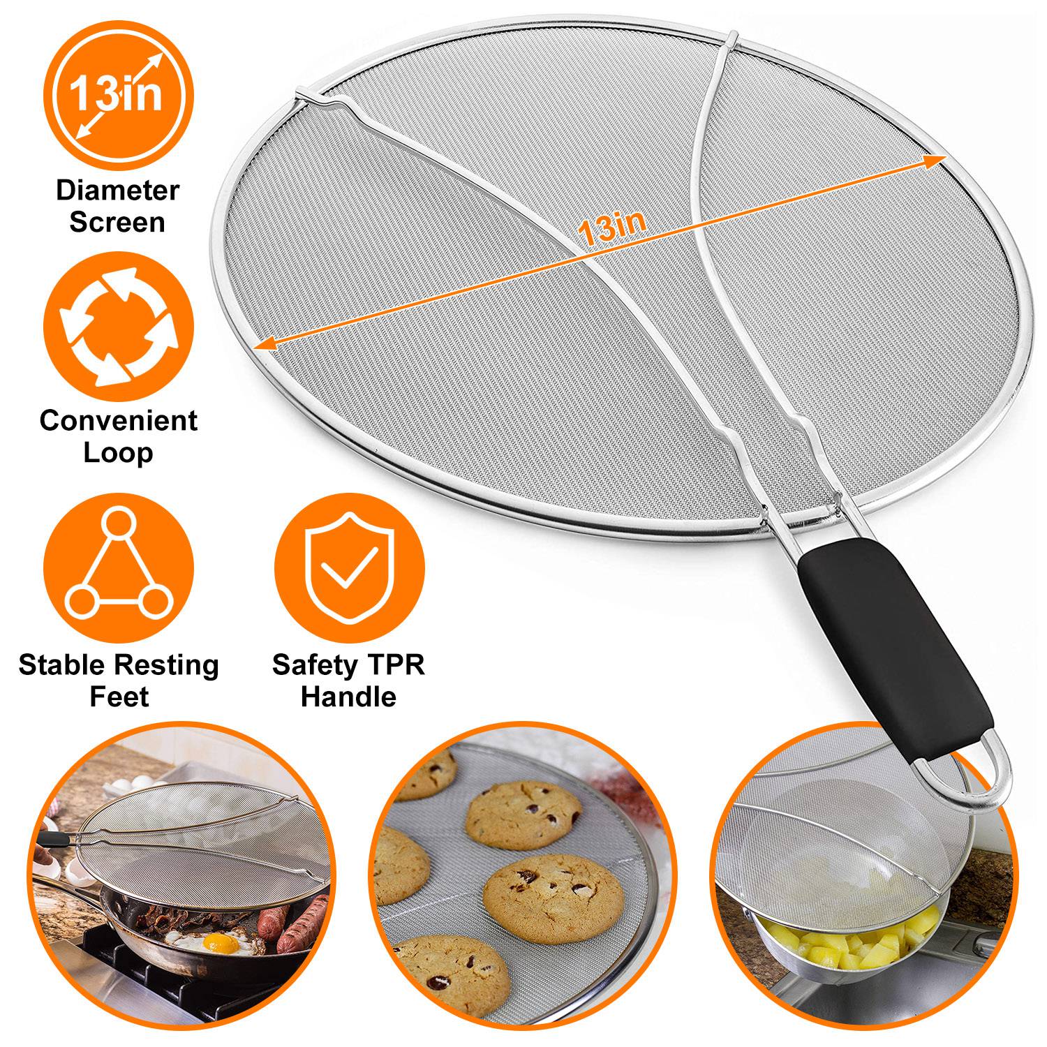 Grease Splatter ScreenÊ13in Stainless Steel Fine Mesh Splash Mesh Shield Hot Oil Stopper w/ Resting Feet For Frying Pan Cooking Woks Skillets Pots Pan