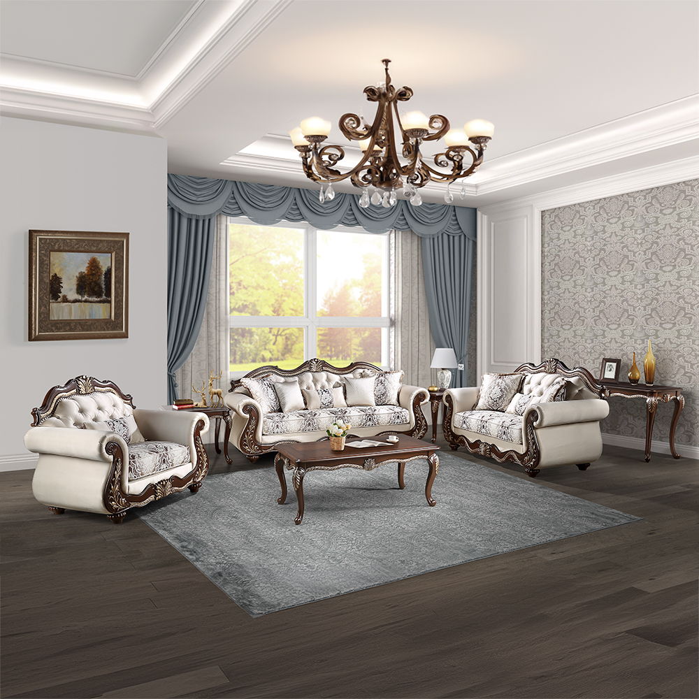 Pierce - Loveseat With 3 Pillows - Beige Fabric & Cherry