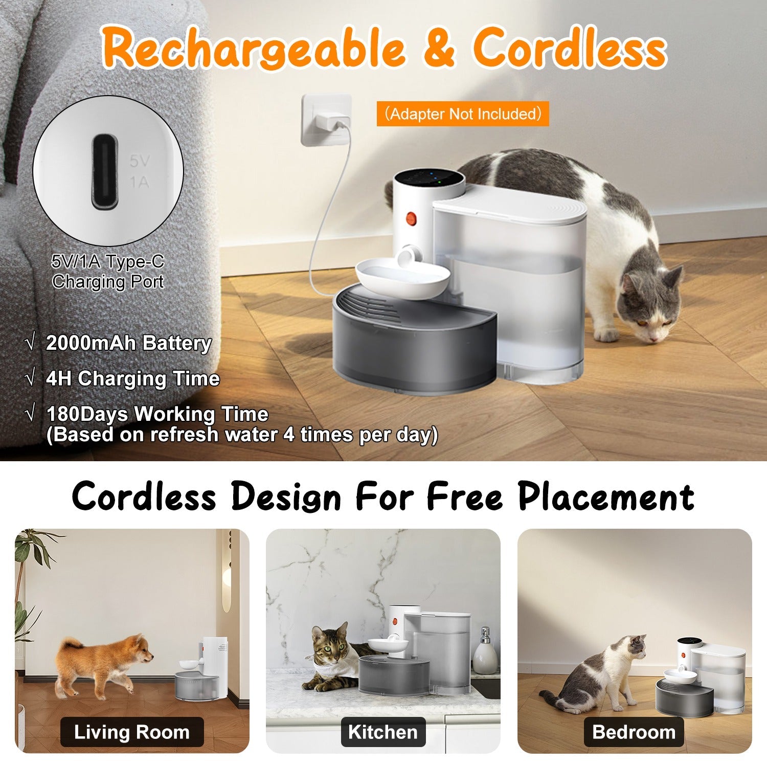 Smart Pet Water Fountain Automatic Cat Water Dispenser 3L/101OZ Cordless Rechargeable Dog Water Fountain Self-Refill with 3 Adjustable Volume 3 Time I