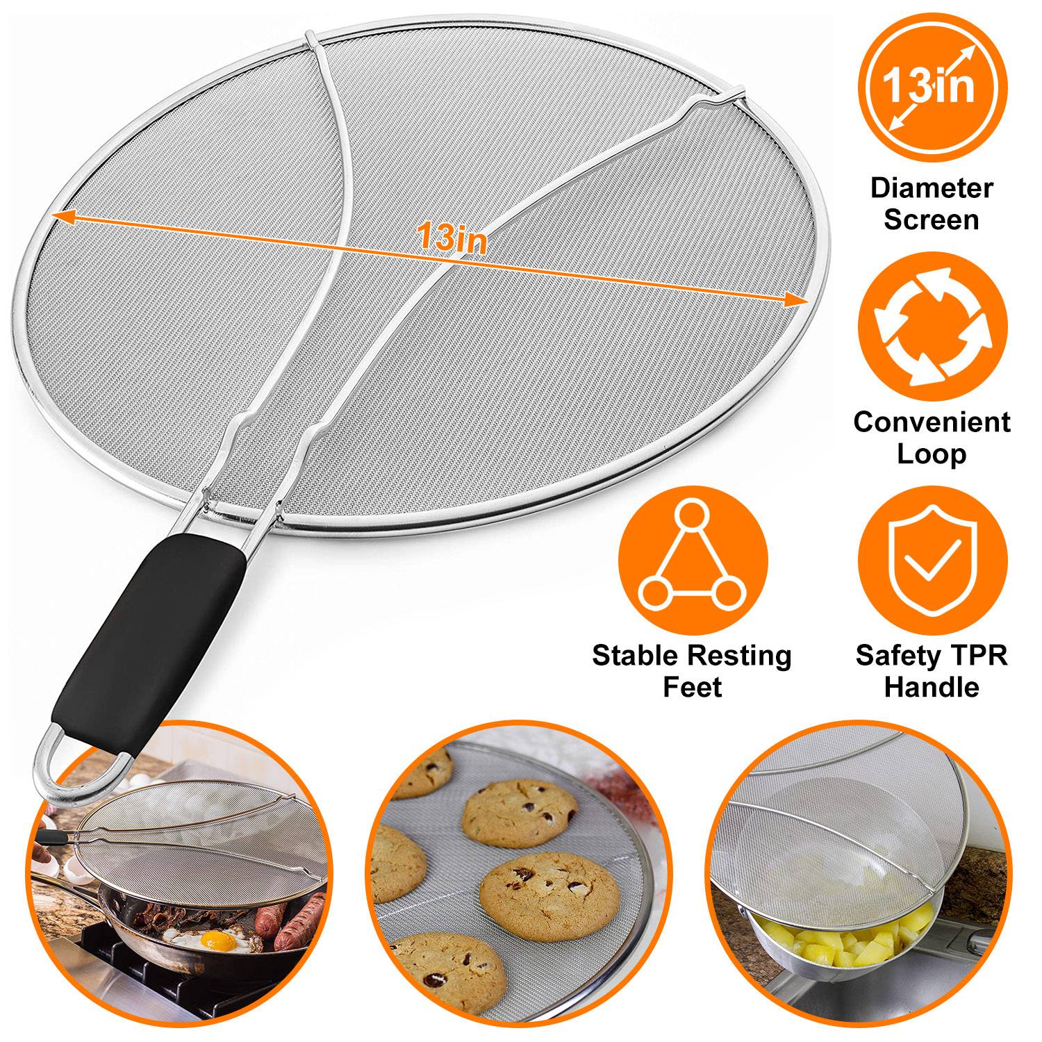 Grease Splatter ScreenÊ13in Stainless Steel Fine Mesh Splash Mesh Shield Hot Oil Stopper w/ Resting Feet For Frying Pan Cooking Woks Skillets Pots Pan