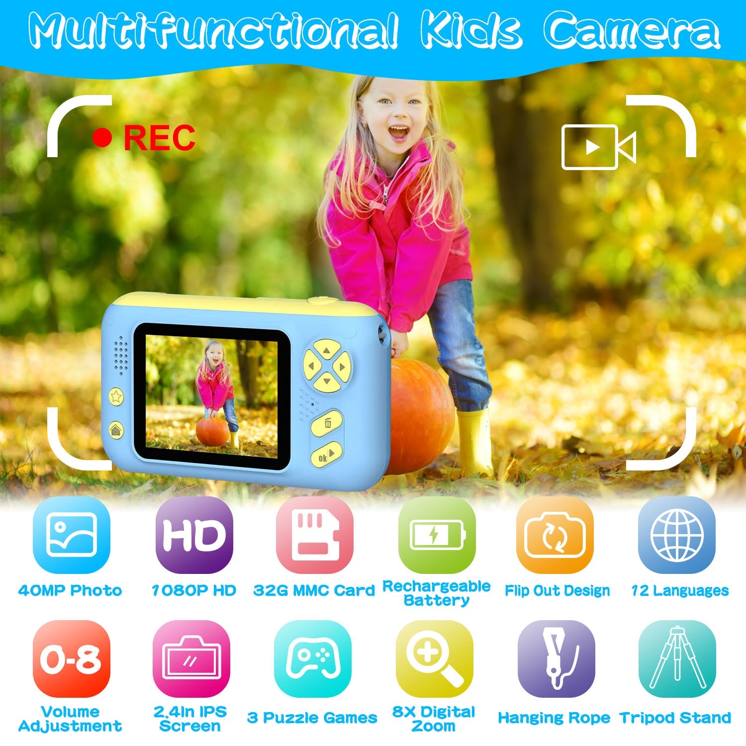 Kids Digital Camera with Flip Lens Children Video Camcorder Christmas Toy Birthday Gifts with Tripod 2.4in Screen 32G MMC Card for 3-10 Year Old Boys