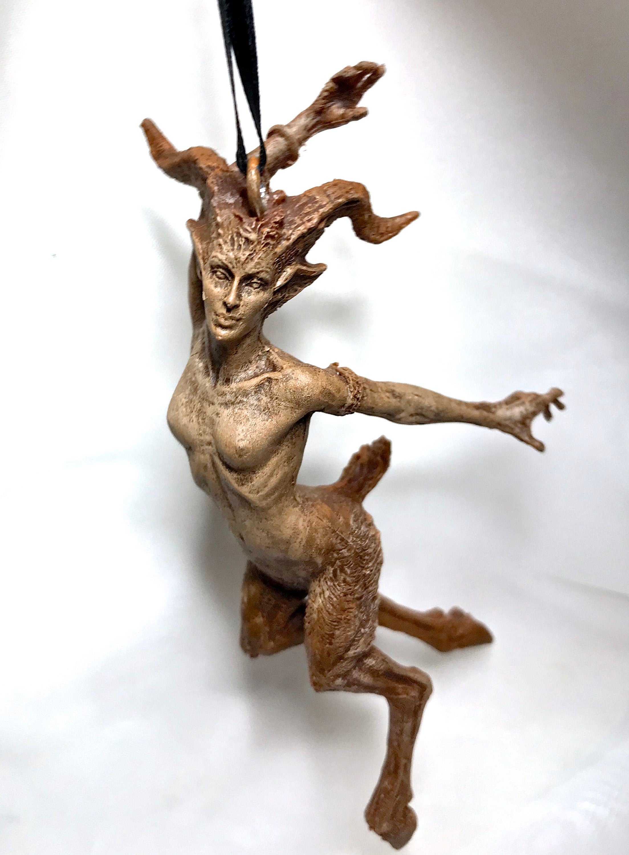 Faun Ornament, Hand Painted Resin Sculpture | Mythical Forest Creature Figurine | Woodland Female Satyr Ornament for Fantasy Art Decor