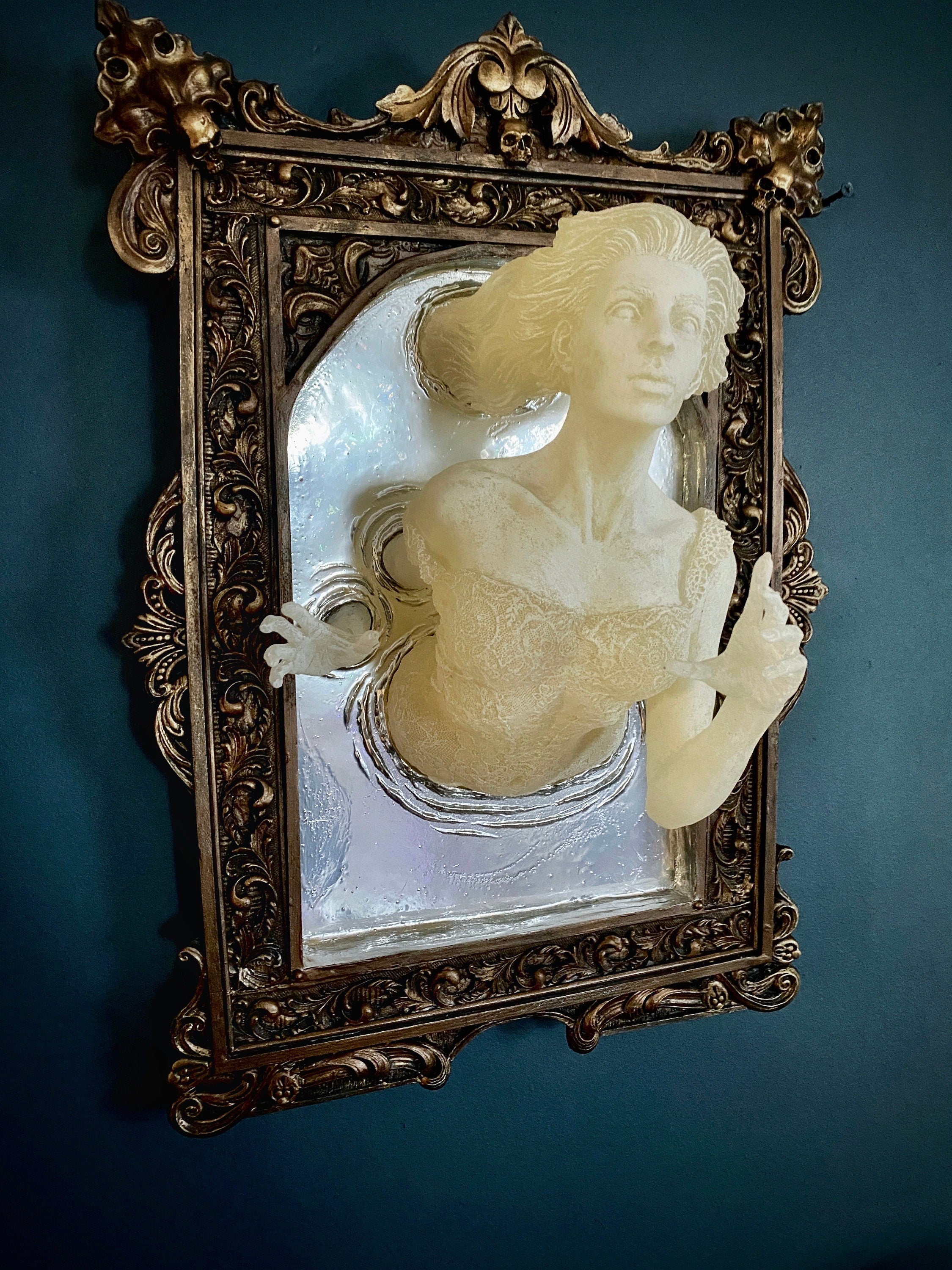 Ghost in the Mirror Wall Plaque, Glow in the Dark, XL Version | Victorian Gothic Haunted Wall Art | Gift for Halloween and Spooky Home Decor