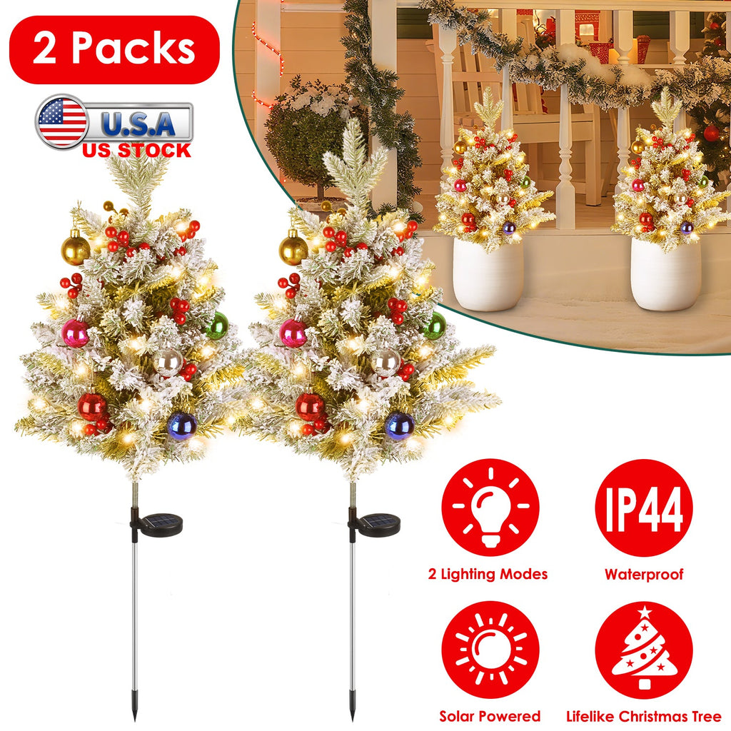 2Pcs Solar Powered Lighted Christmas Tree Urn Filler With Light Artificial Xmas Trees Light with Berries Decor Balls LED Pathway Pine Tree IP44 Waterp
