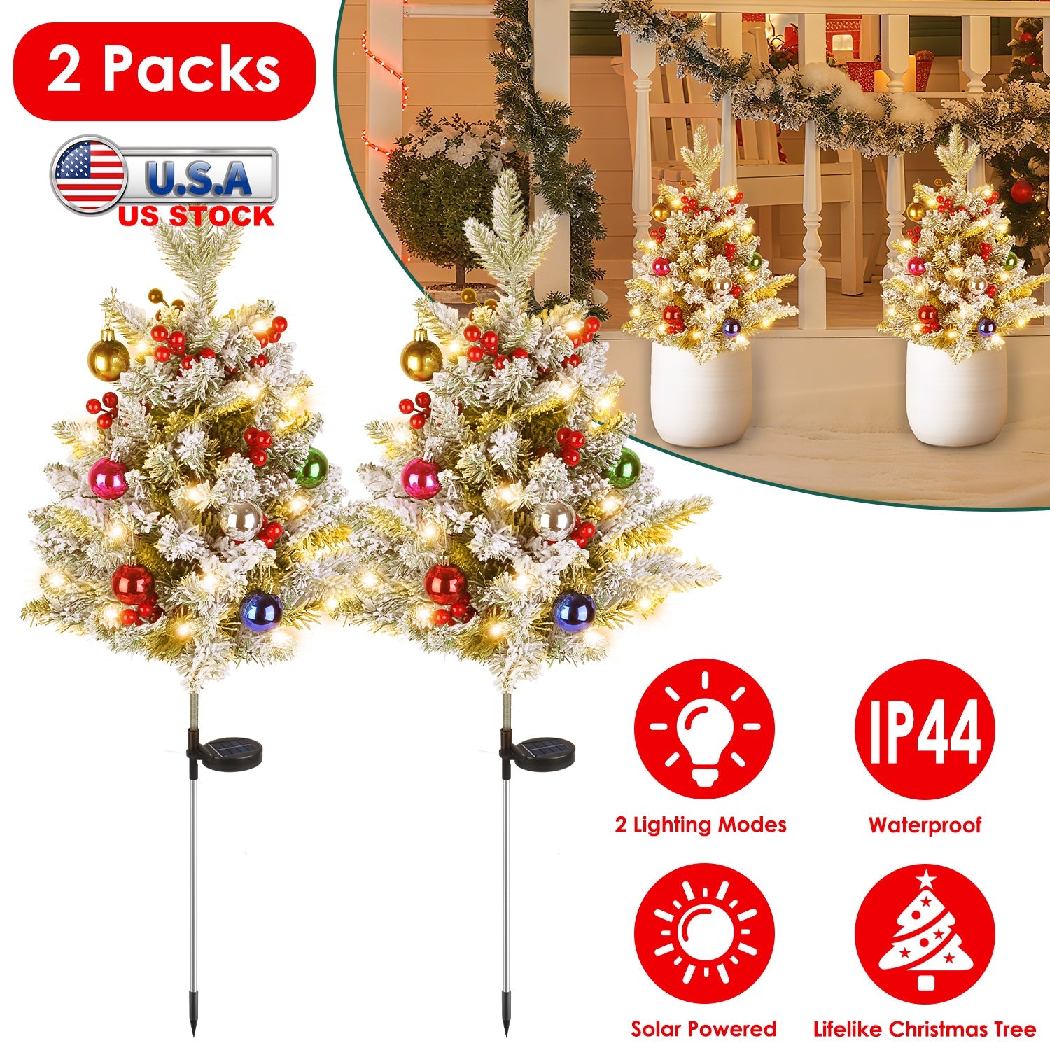 2Pcs Solar Powered Lighted Christmas Tree Urn Filler With Light Artificial Xmas Trees Light with Berries Decor Balls LED Pathway Pine Tree IP44 Waterp