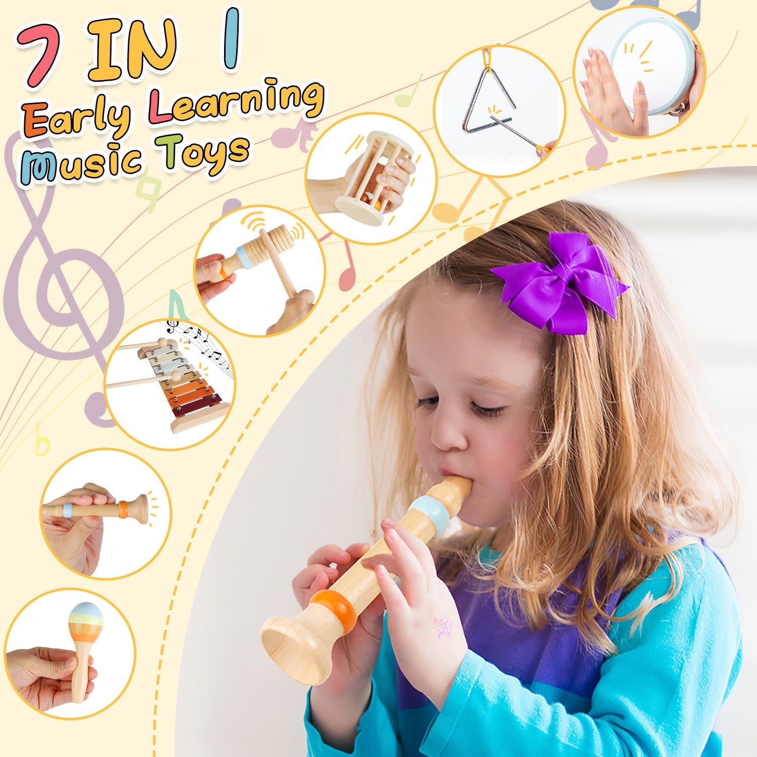 8Pcs Toddler Musical Toys Wooden Montessori Musical Instruments with Xylophone Tambourine Maracas for Boys Girls Aged 3 4 5 Years Old