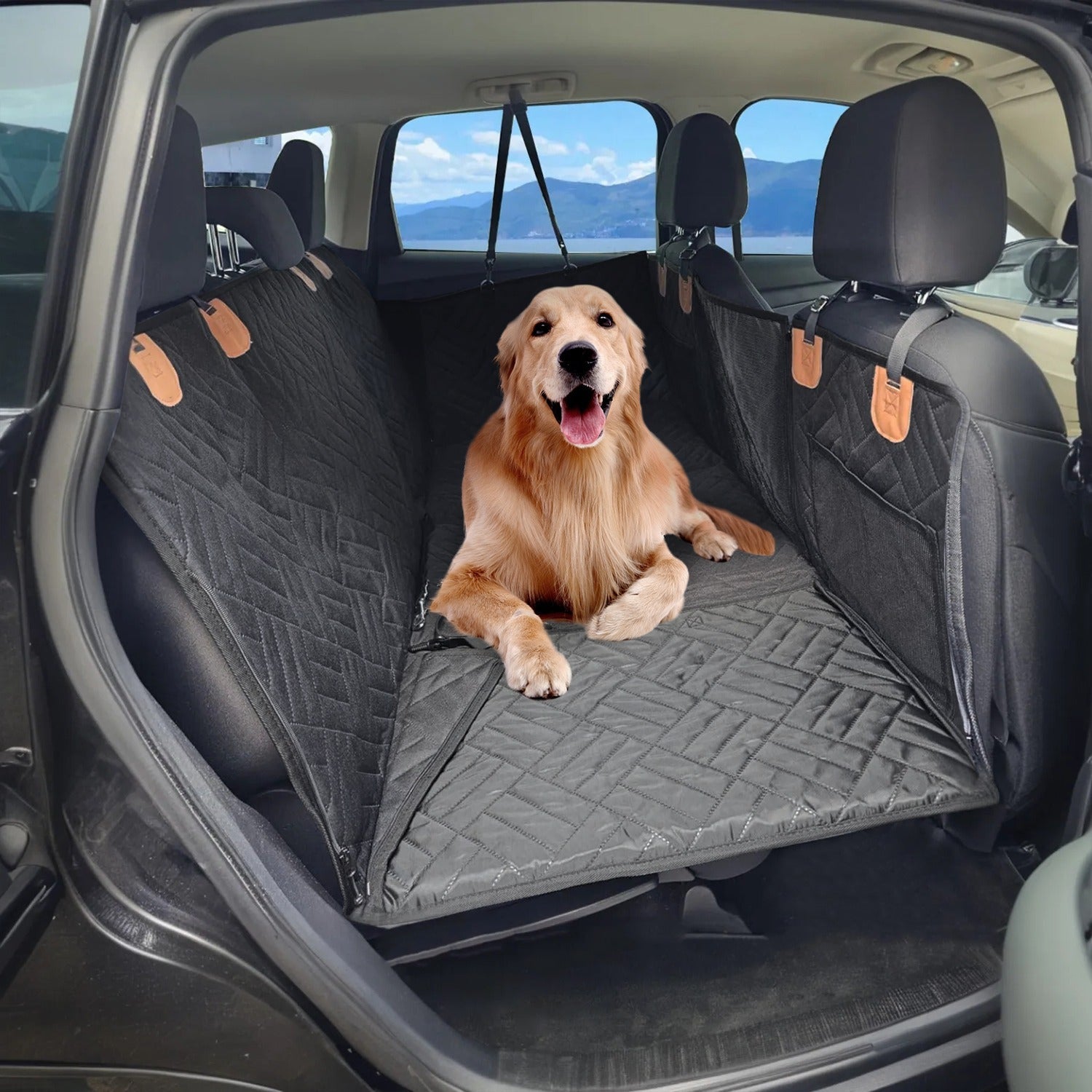 Dog Car Seat Cover For Back Seat Waterproof Oxford Cloth Seat Cover Hammock Non-Slip Scratchproof Back Seat Extender with Side Flap Mesh Window Storag