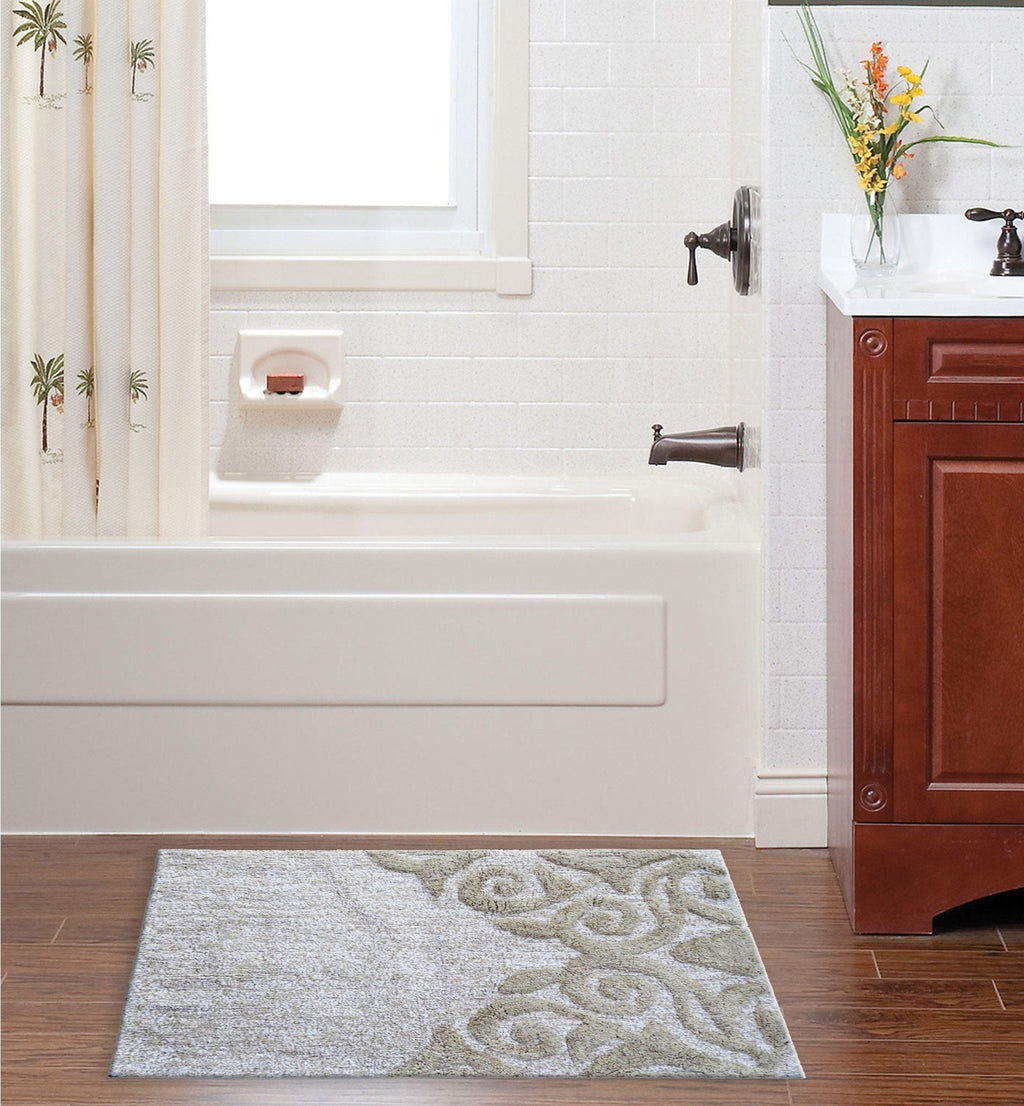 Damask Pattern Bath Rug in Beige & Ivory