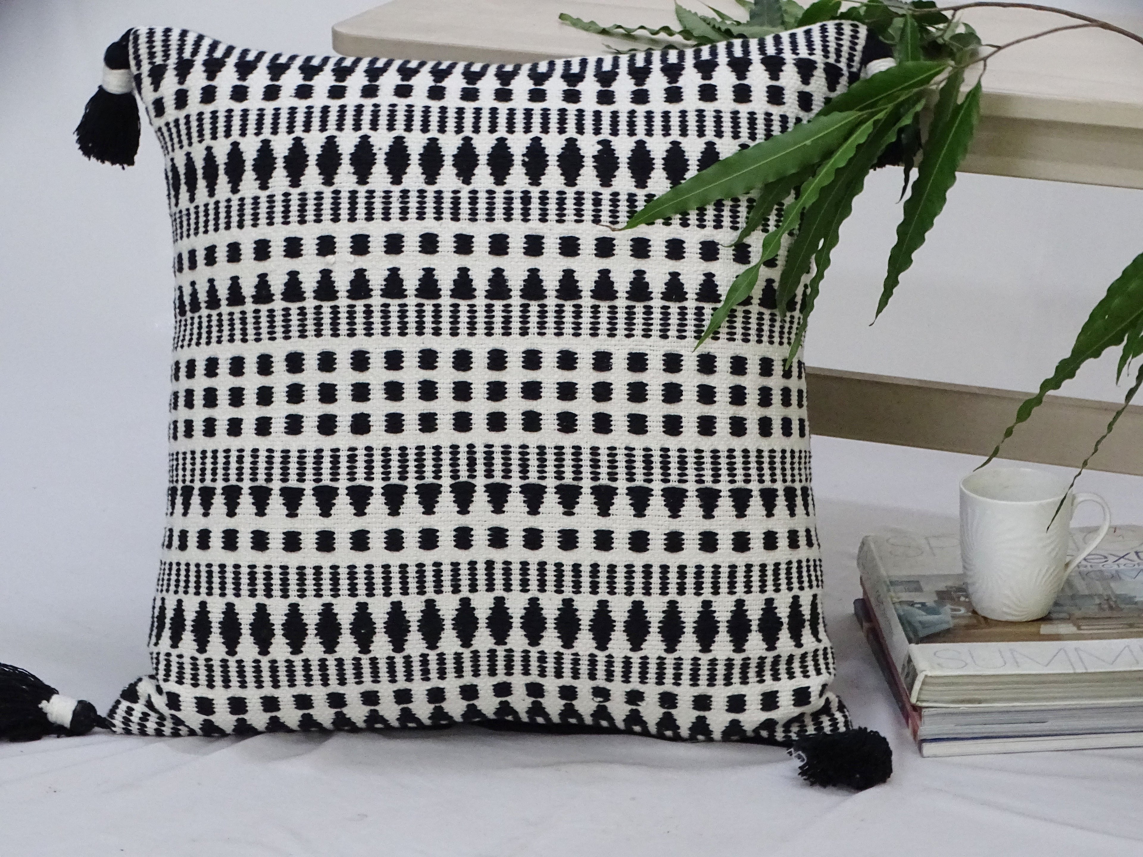 Black 22" X 22" Throw Pillow for couch with Tassels-Winter
