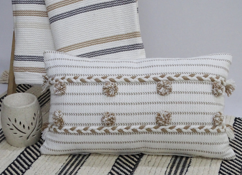 Handwoven 14" X 24" Throw Pillow with Poms