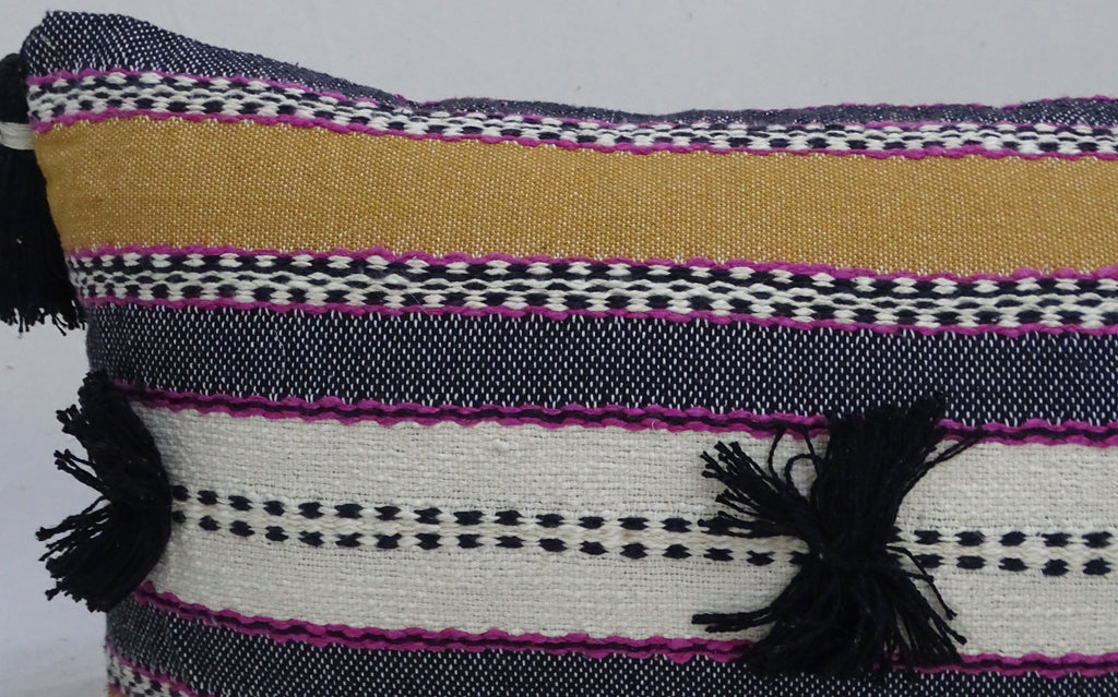 Handwoven 14"X 24" Throw Pillow with Pom-Poms