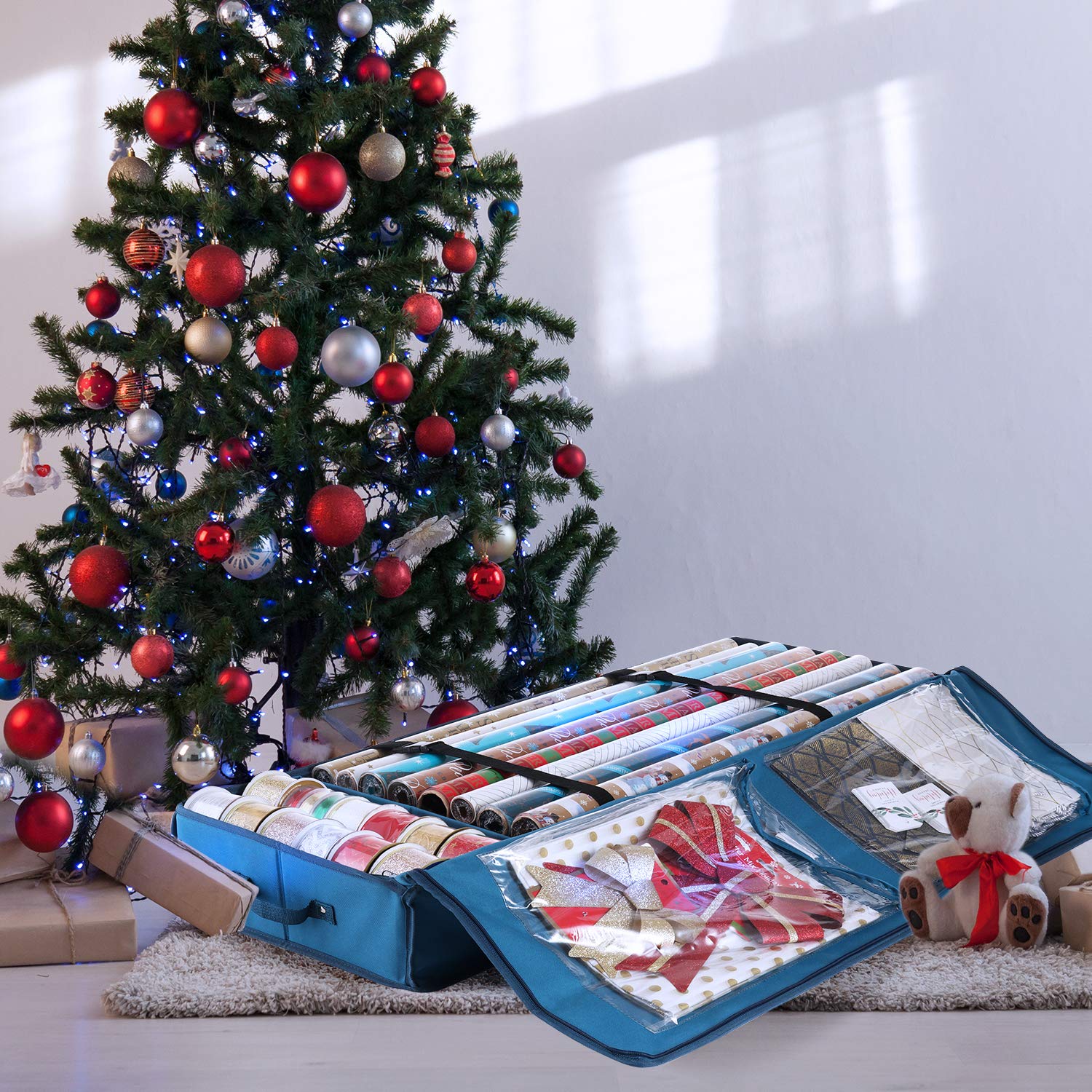 Wrapping Paper Organizer Storage Containers, w/ Pockets - Rolls, Ribbons, & Bows