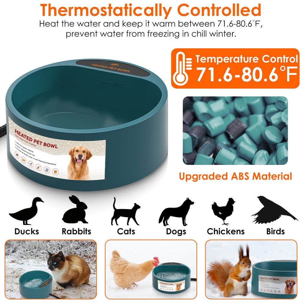 Heated Water Bowl for Dog Cat 74.4OZ Heating Water Dish IP67 Waterproof Thermal Water Bowl Heated Pet Bowl Dog Cat Water Feeder Bowl for Dog Cat Rabbi