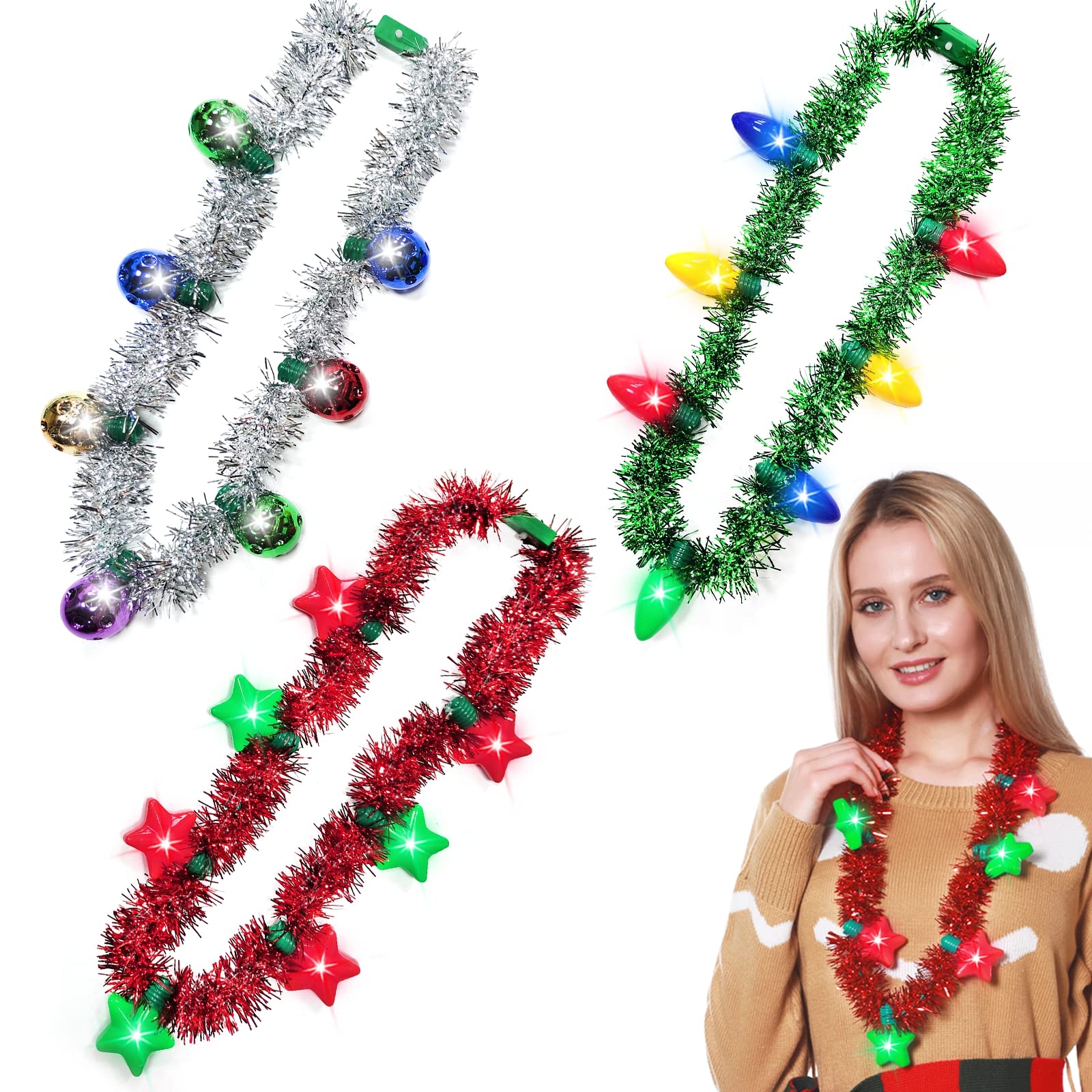Set of 3 Christmas Necklaces, Tinsel, Garland, Stars & Lights, Party Favors