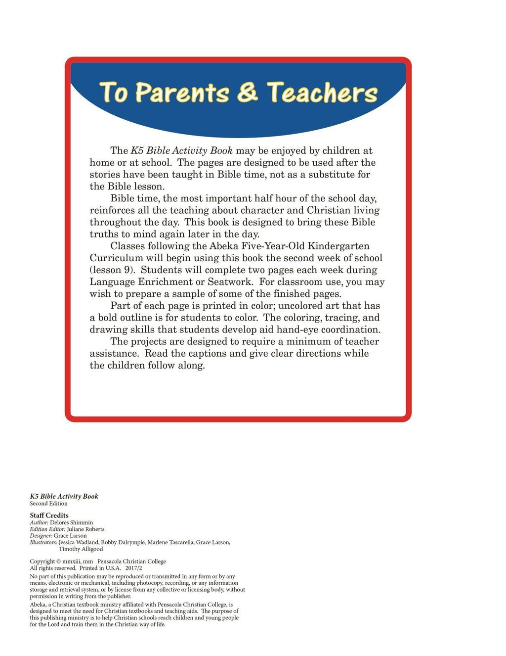 Abeka K5 Coloring and Activity Book with Religious Content