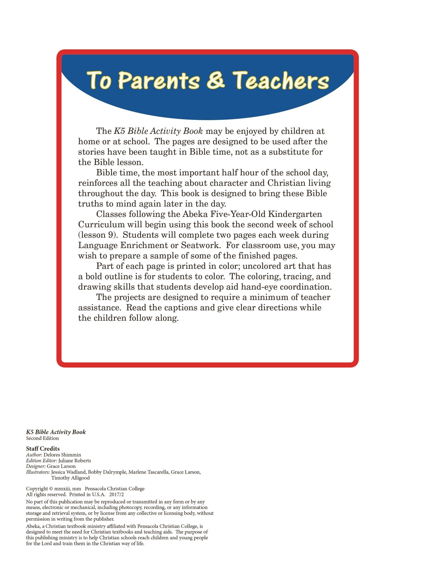 Abeka K5 Coloring and Activity Book with Religious Content