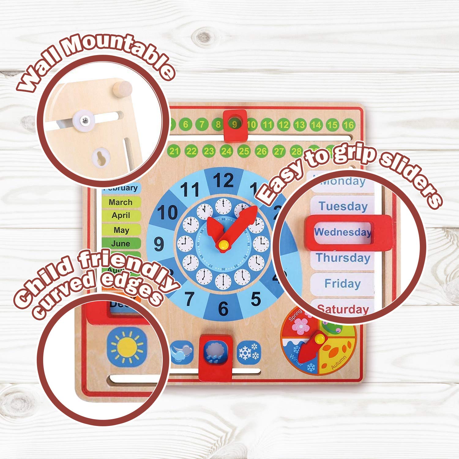 All About Today Board - Wooden Calendar and Learning Clock Montessori Toys  3+