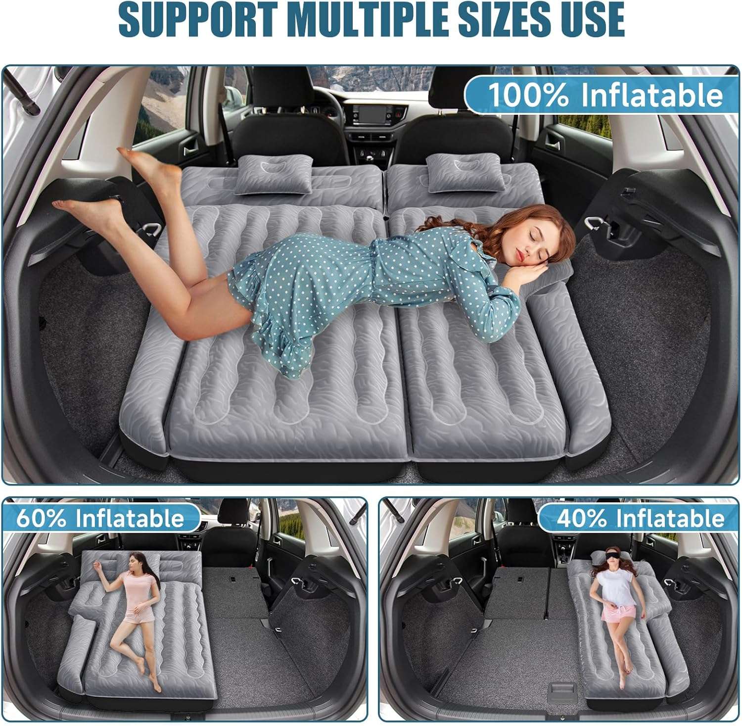 DikaSun 63in Extended SUV Mattress — Quick Inflate, Includes Pump & 2 Pillows,Grey