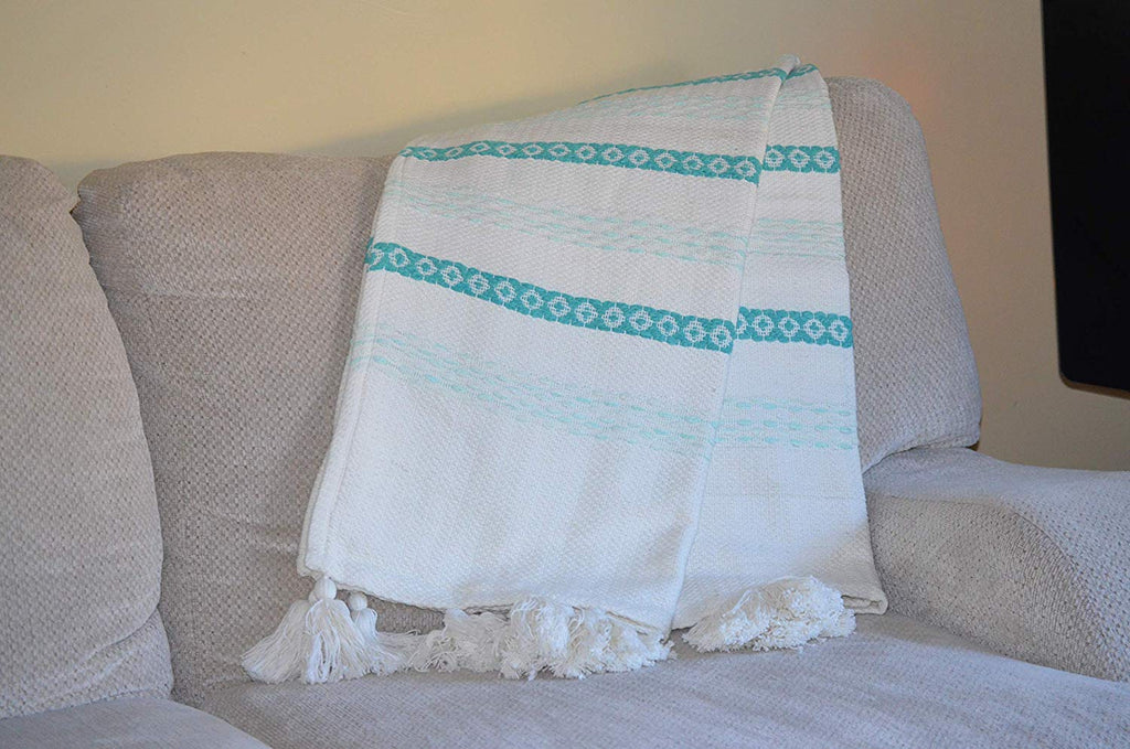 Hand loom Woven Throw Turquoise & White