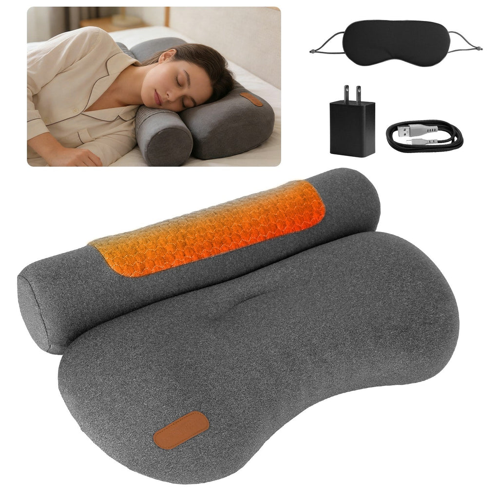 USB Heated Neck Pillow Zero Pressure Memory Foam Cervical Neck Pillow Heated Bed Pillow with Eye Mask Adapter for Pain Relief