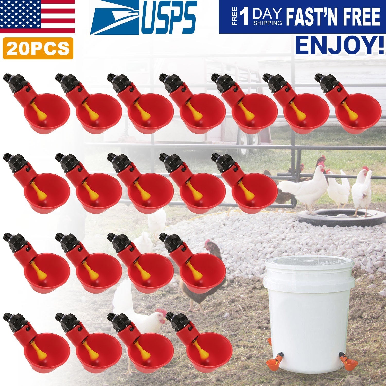 20 Pack Chicken Waterer Automatic Poultry Waterer Chicken Drinker Cups w/Mounting Joint  for Chicken Poultry