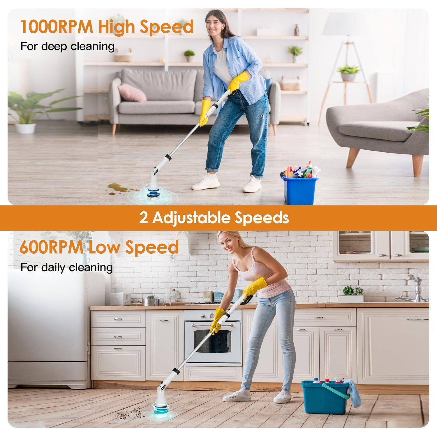 Electric Spin Scrubber Cordless Handheld Rechargeable Cleaning Brush with 4 Replaceable Heads 600/1000RPM Speeds 26/50in Length 20V/2.0Ah Battery for
