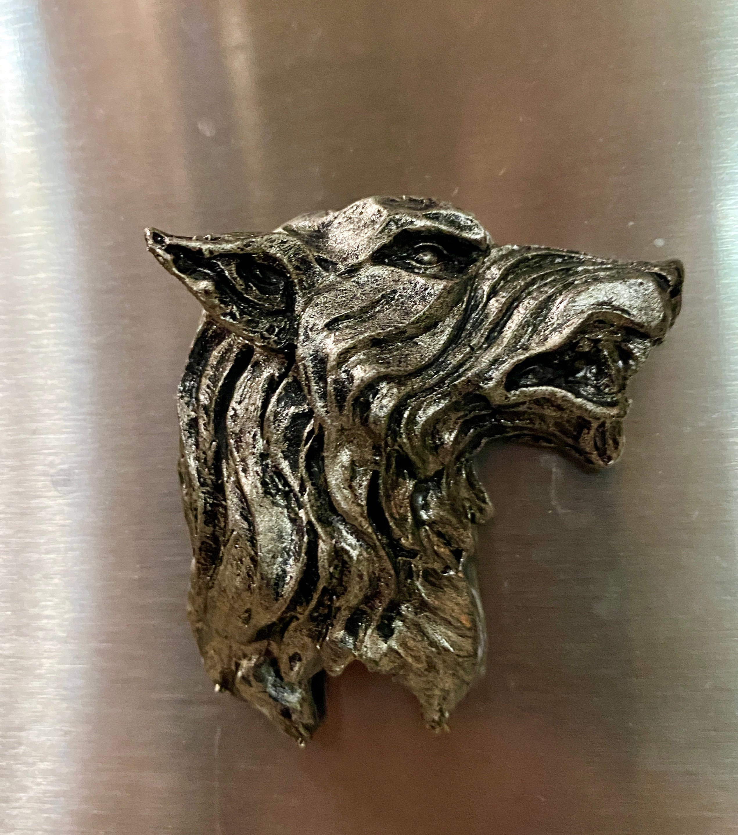 Wolf's Head Magnet, Hand Painted Resin Sculpture | Mythic Fantasy Decor | Wolf Magnet for Fantasy and Gothic Decor