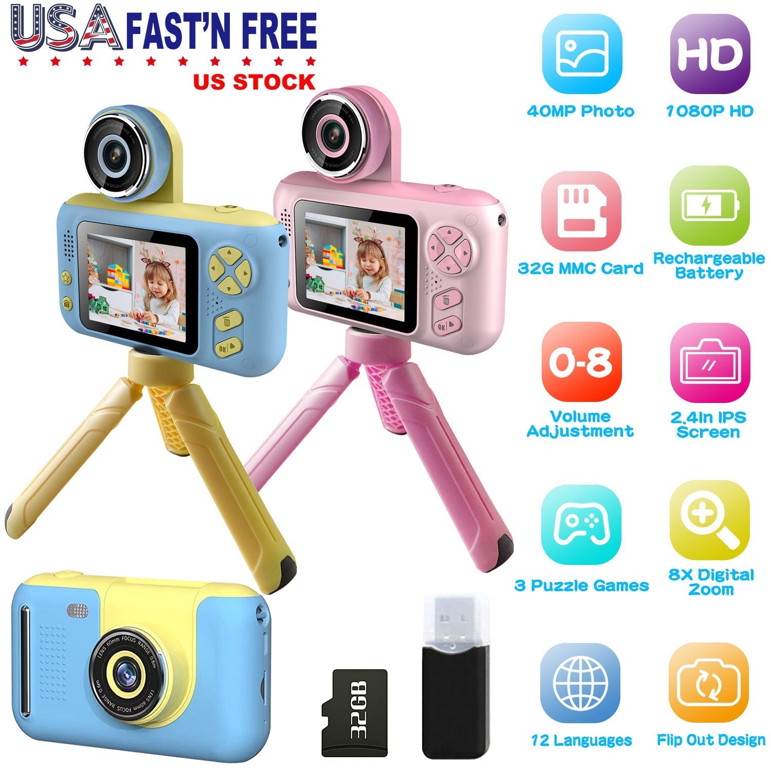 Kids Digital Camera with Flip Lens Children Video Camcorder Christmas Toy Birthday Gifts with Tripod 2.4in Screen 32G MMC Card for 3-10 Year Old Boys