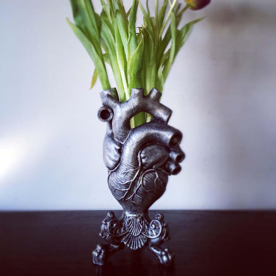 Anatomical Heart Vase, Pewter Finish | Unique Gothic Home Decor | Resin Sculpture Flower Vase, Medical Gift and Gothic Home Decor