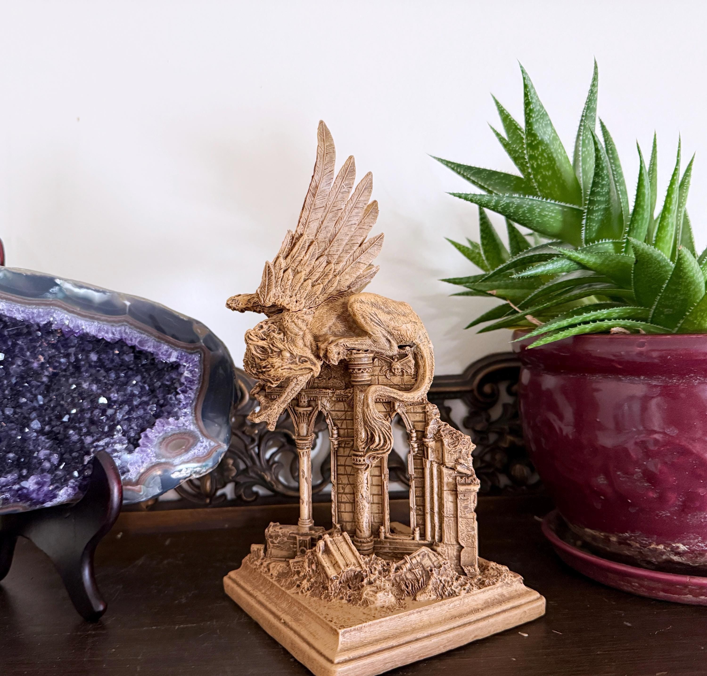 Griffin Statue, Hand Painted Resin Sculpture | Mythical Creature Figurine | Unique Legendary Guardian Spirit Figurine. Fantasy Art Decor