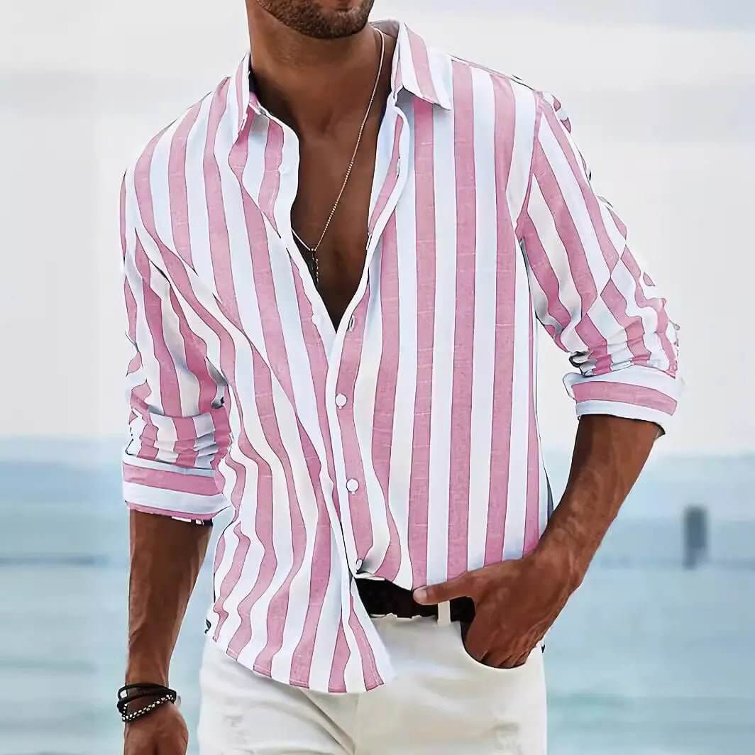 Striped Print Shirt Casual Loose Long-sleeved Shirt Men's Clothing