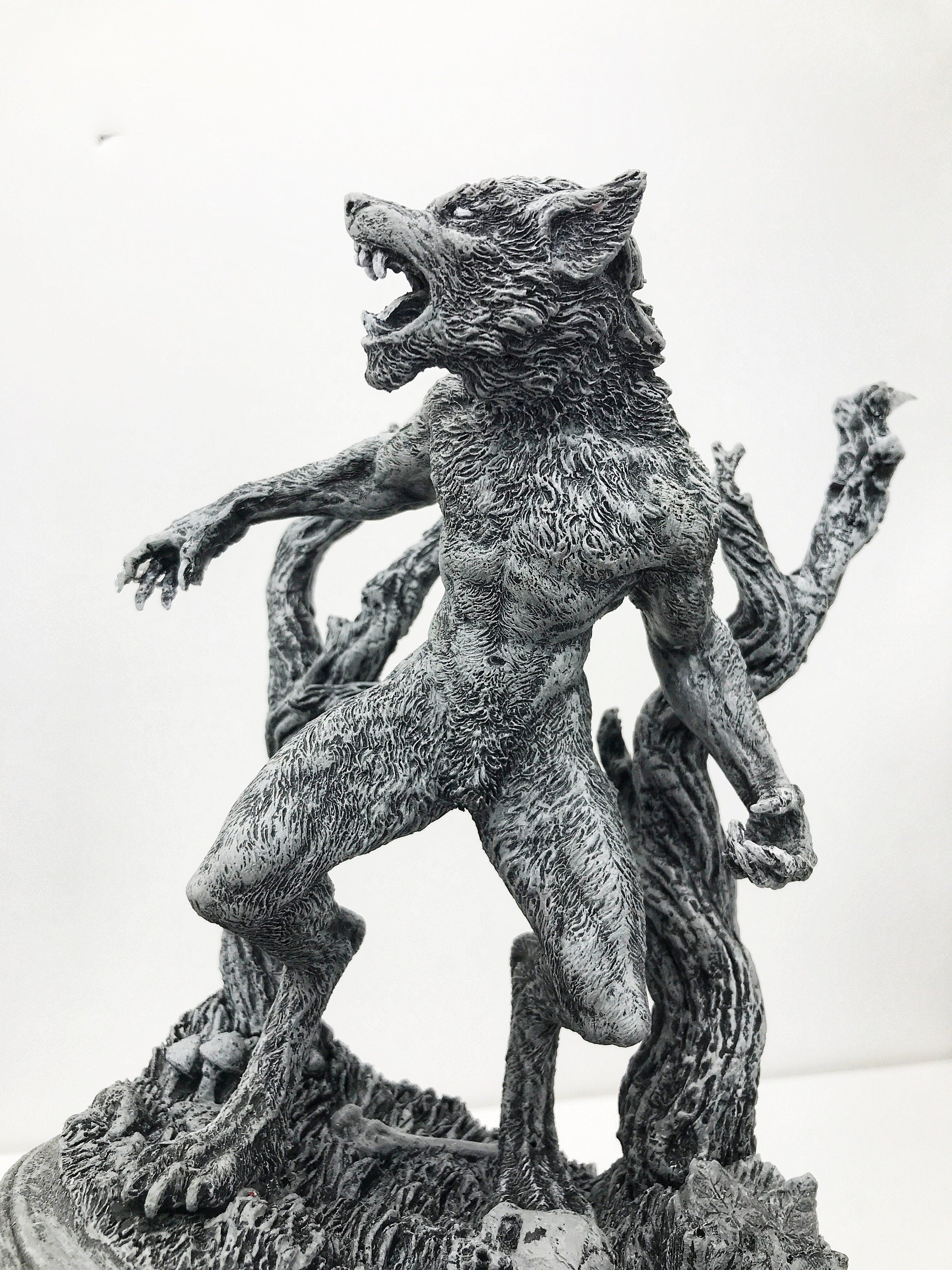 Werewolf Statue, Hand Painted Grayscale Resin Sculpture | Gothic Halloween Legendary Monster Figurine | Dark Art for Spooky Home Decor