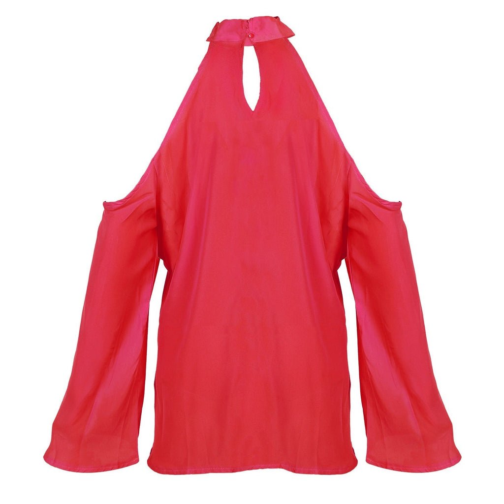 Women\'s Sexy Off The Shoulder Blouses Cold Shoulder Tops V-Neck Long Sleeve T-Shirt Solid Color Summer