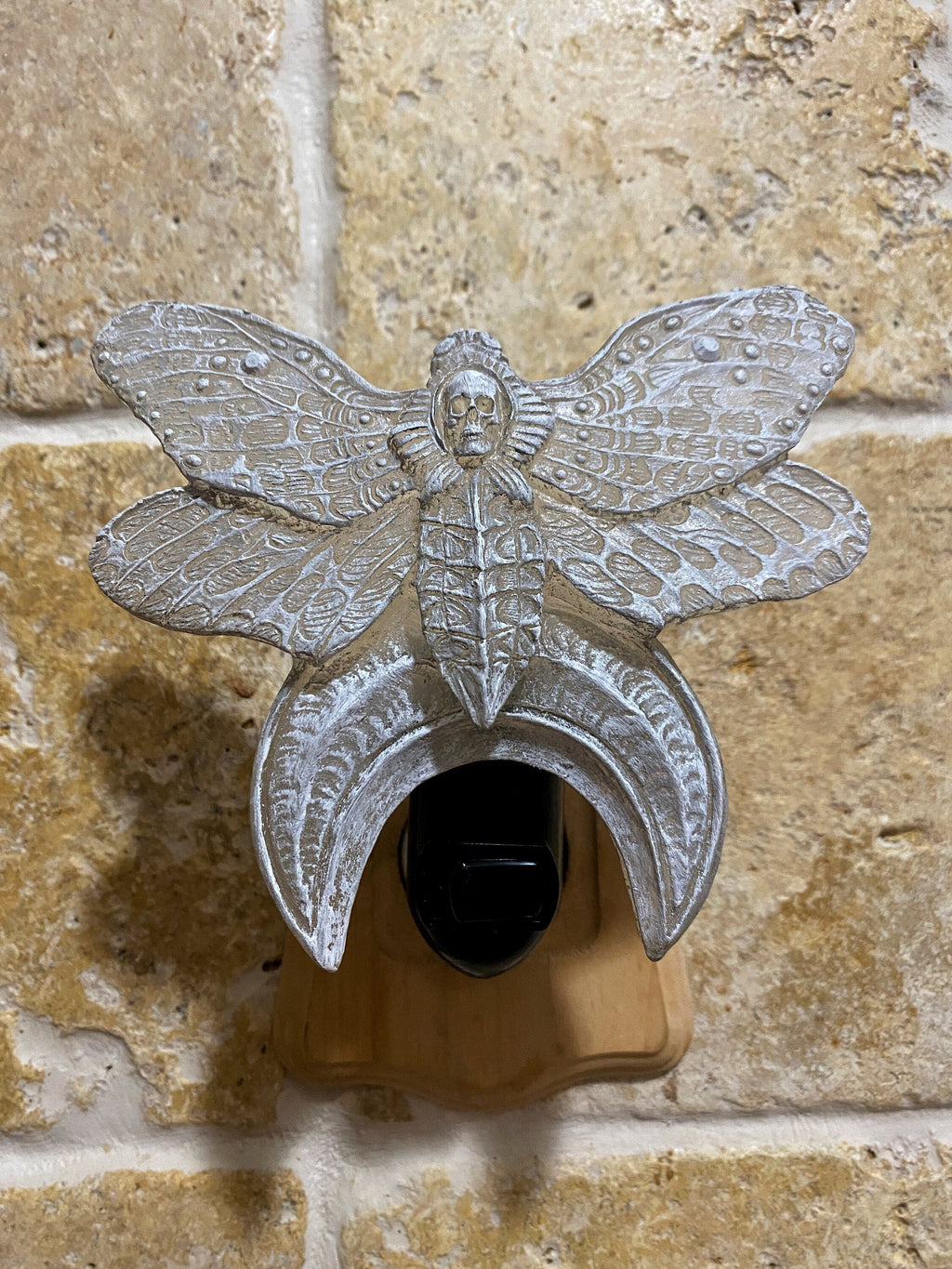 Death's Head Moth Nightlight, Hand Painted Resin Sculpture | Witchy Gothic Night Light |  Moth and Moon Light for Gothic Fantasy Home Decor