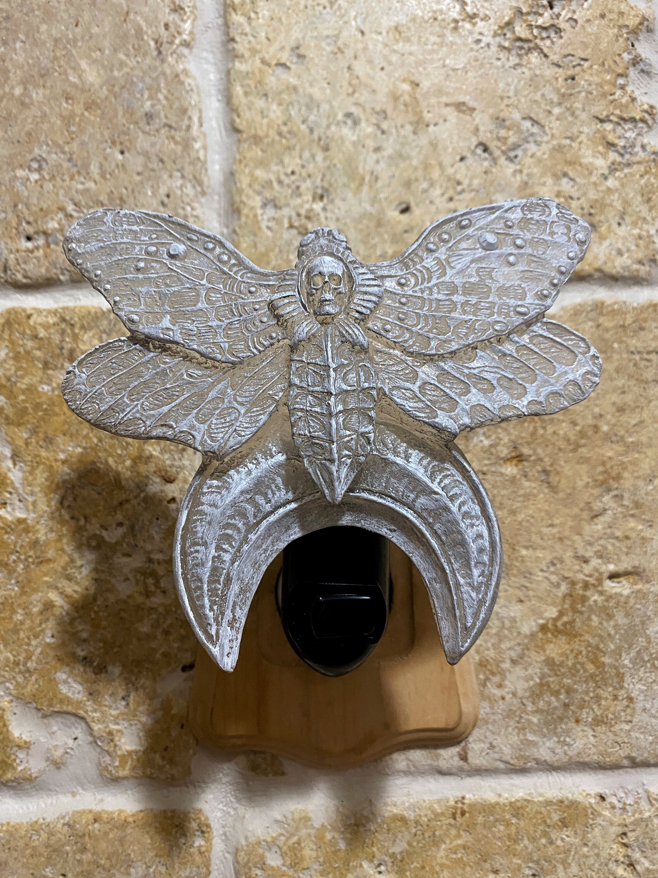 Death's Head Moth Nightlight, Hand Painted Resin Sculpture | Witchy Gothic Night Light |  Moth and Moon Light for Gothic Fantasy Home Decor