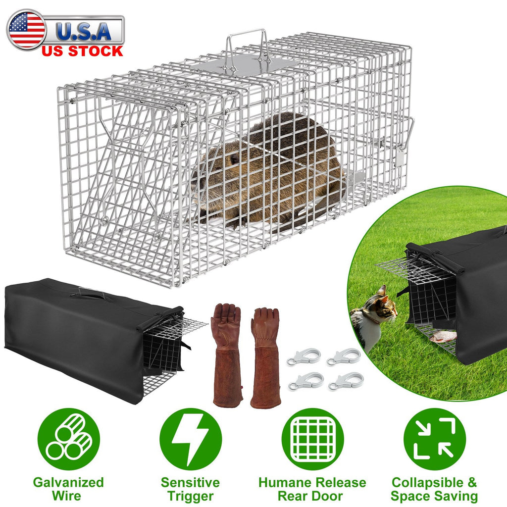 Humane Cat Trap Cage With Waterproof Cover Gloves Catch Release Live Animal Rodent Cage Collapsible Galvanized Wire for Raccoons Beavers Groundhogs Fo
