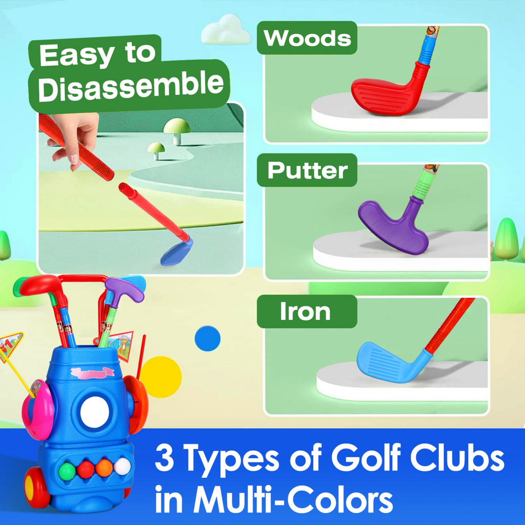 Toddler Golf Set with 4 Balls 4 Clubs 2 Holes 2 Flags Golf Cart Indoor Outdoor Golf Game Gift For 3-5 Years Old Kids