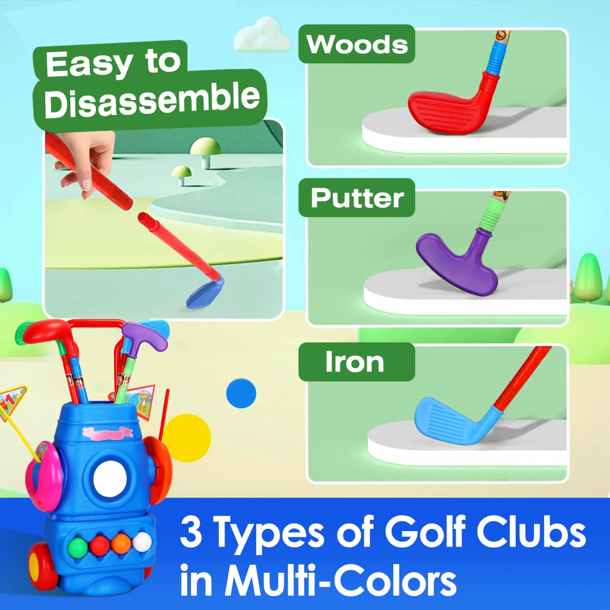 Toddler Golf Set with 4 Balls 4 Clubs 2 Holes 2 Flags Golf Cart Indoor Outdoor Golf Game Gift For 3-5 Years Old Kids