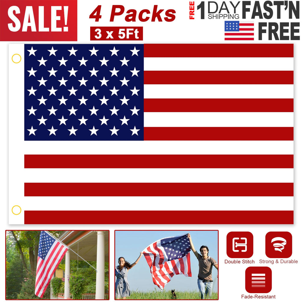 4 Pcs 3 x 5 Ft American US Flags Vivid Color and UV Fade Resistant Canvas Header Double Stitched with Brass Grommets for Indoor Outdoor