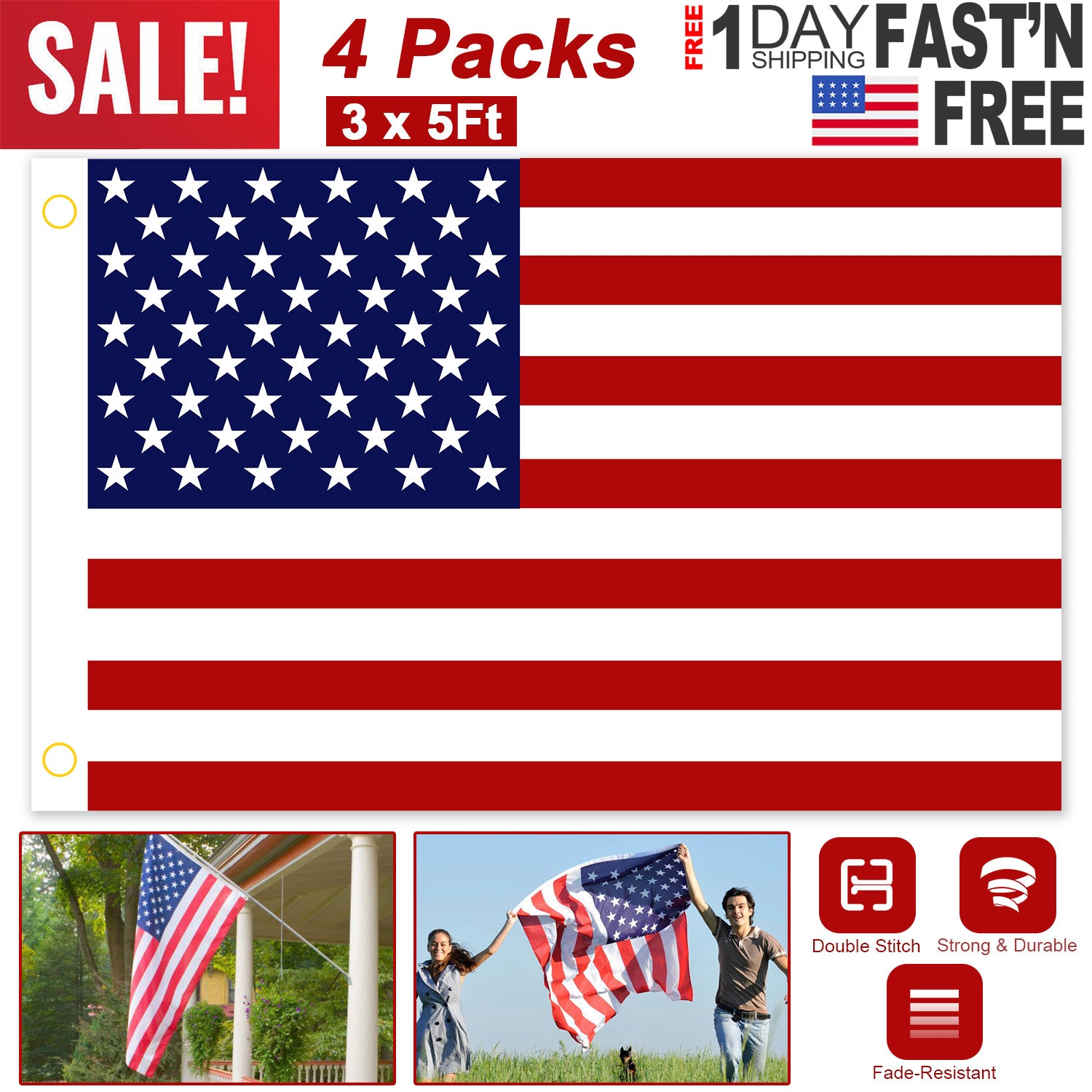 4 Pcs 3 x 5 Ft American US Flags Vivid Color and UV Fade Resistant Canvas Header Double Stitched with Brass Grommets for Indoor Outdoor