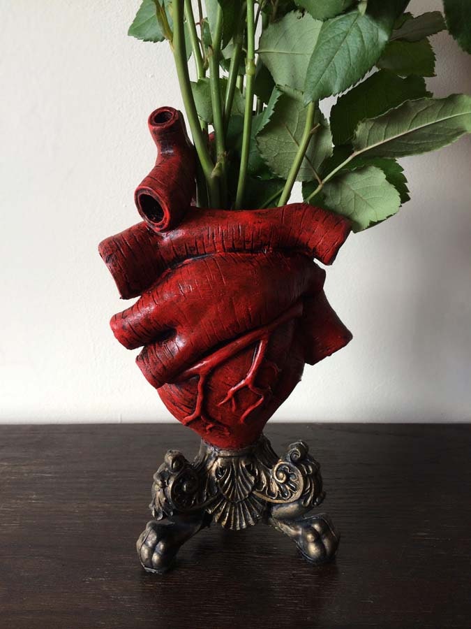 Anatomical Heart Vase, Red Finish | Unique Gothic Home Decor | Resin Sculpture Flower Vase, Medical Gift and Gothic Home Decor