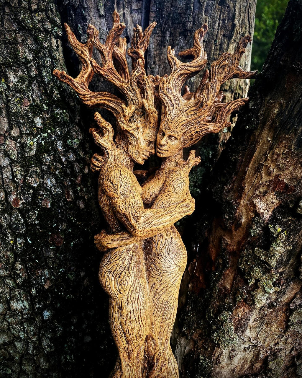 Amor Silvanus: Embracing Dryads Statue | Mythical Forest Creature Figurine | Woodland Tree Spirit Couple, Fantasy Art Home Decor