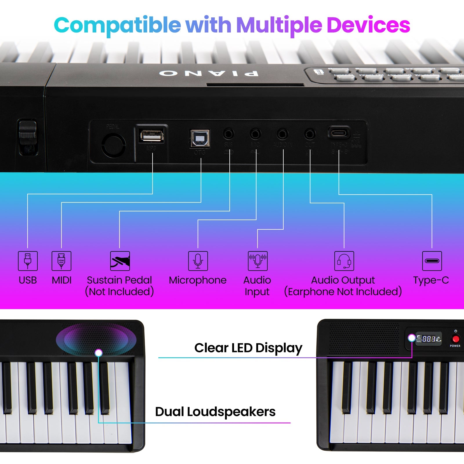 88 Key Foldable Electric Keyboard Piano with Wireless MIDI and Dual Speakers-Black