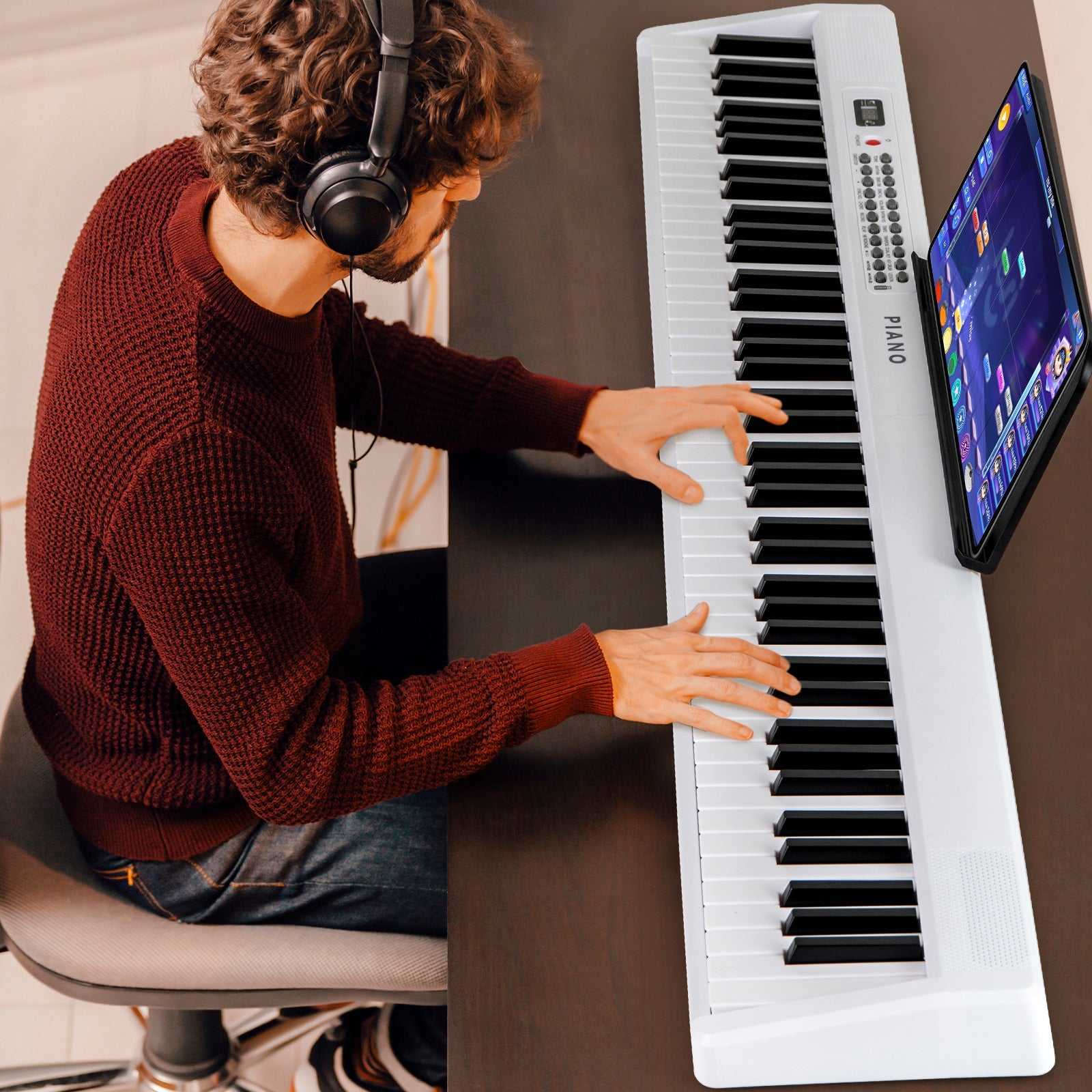 88 Key Foldable Electric Keyboard Piano with Wireless MIDI and Dual Speakers-White