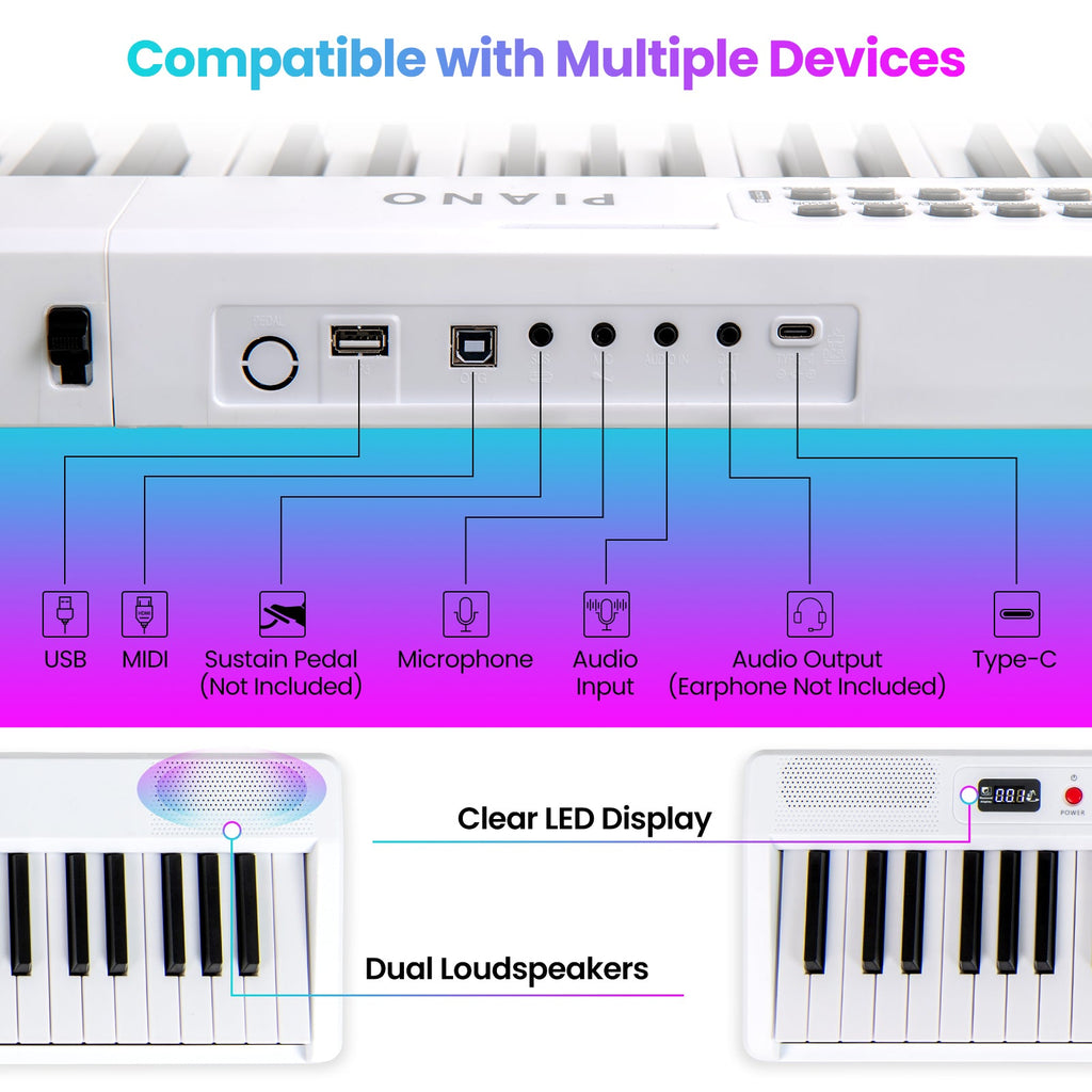 88 Key Foldable Electric Keyboard Piano with Wireless MIDI and Dual Speakers-White
