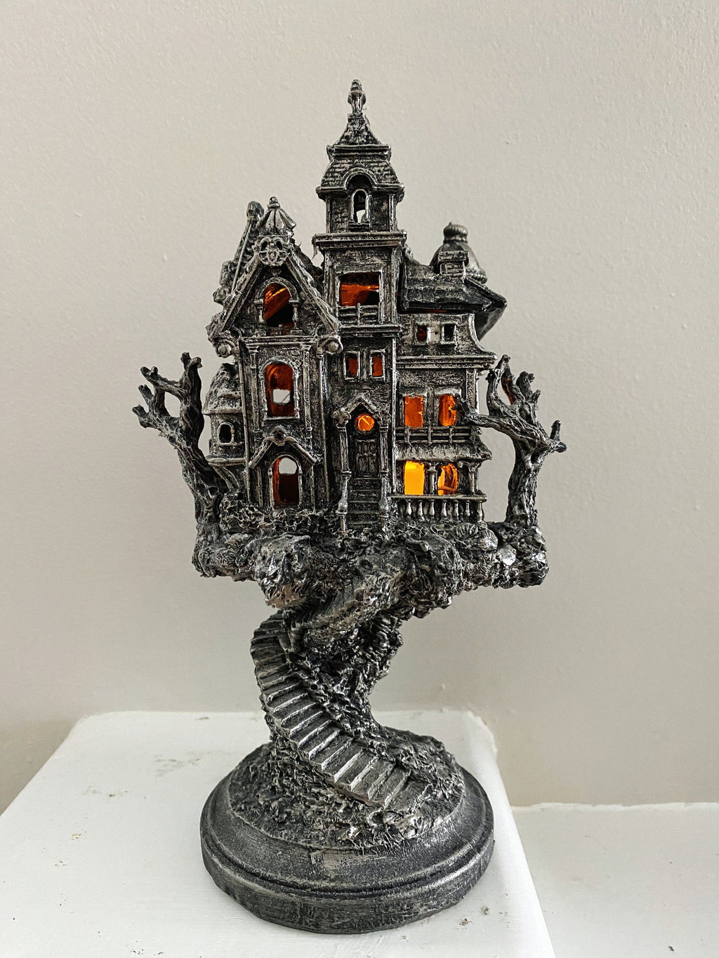 Haunted Mansion, Resin Sculpture with LED Tea Light | Victorian Gothic Haunted House Statue | 9” Gift for Gamers and Spooky Home Decor