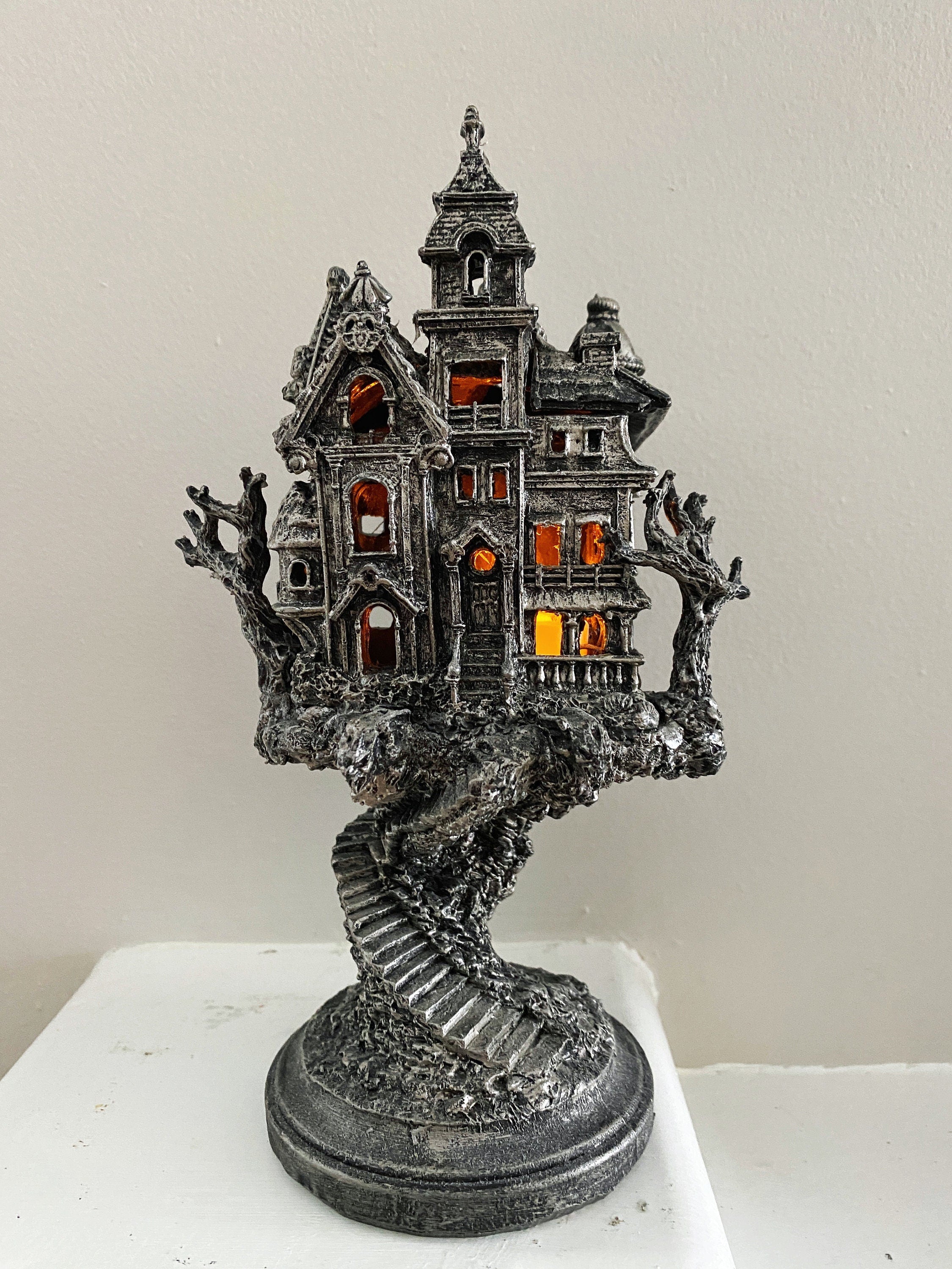 Haunted Mansion, Resin Sculpture with LED Tea Light | Victorian Gothic Haunted House Statue | 9” Gift for Gamers and Spooky Home Decor