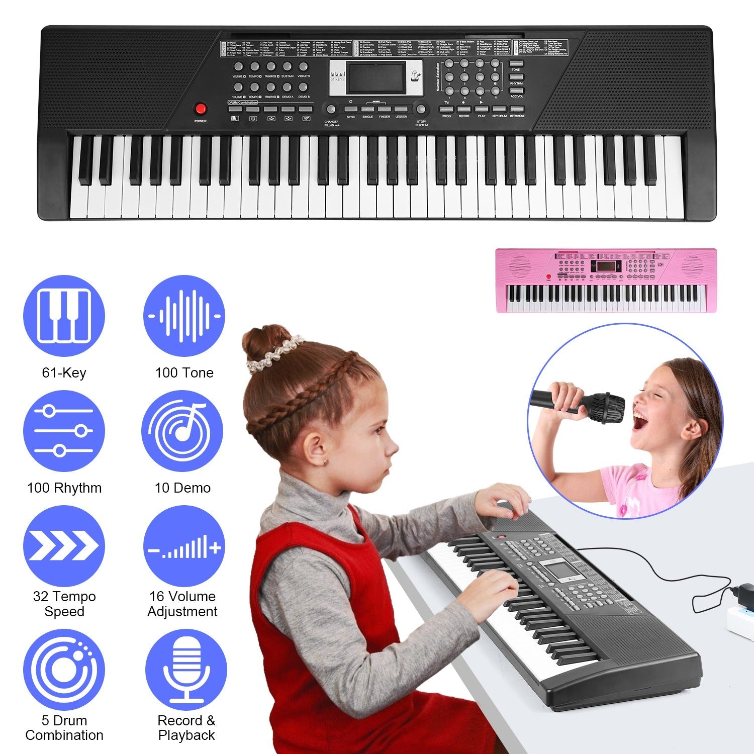 61 Keys Digital Music Keyboard Electric Piano Electronic Musical Instrument Kids Learning Keyboard with Microphone for 3-12 Year Old Kids Girls Boys
