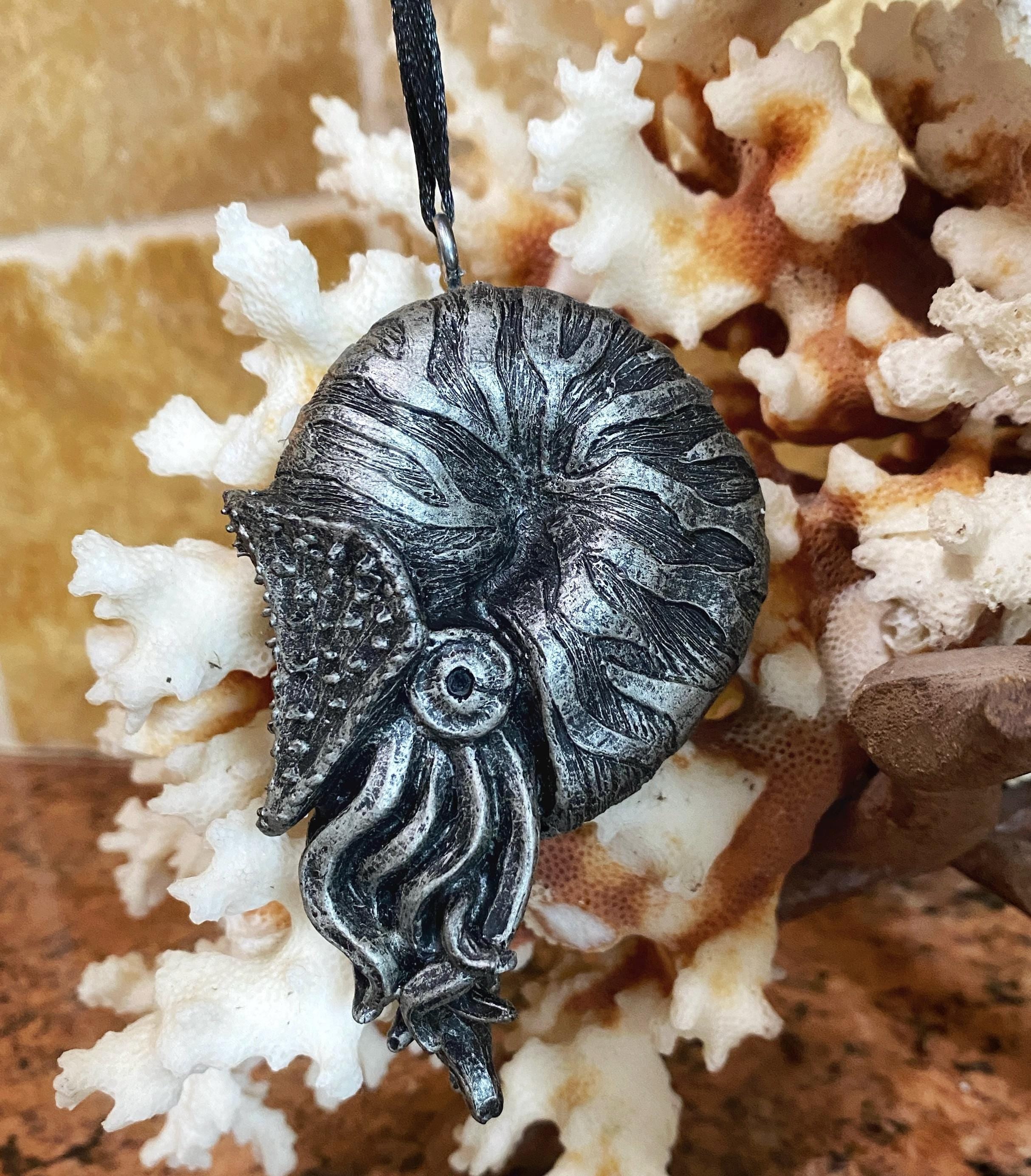 Nautilus Ornament, Hand Painted Resin Sculpture | Nautical Sea Creature Figurine | Ocean Themed Nautilus Ammonite Ornament for Holiday Decor