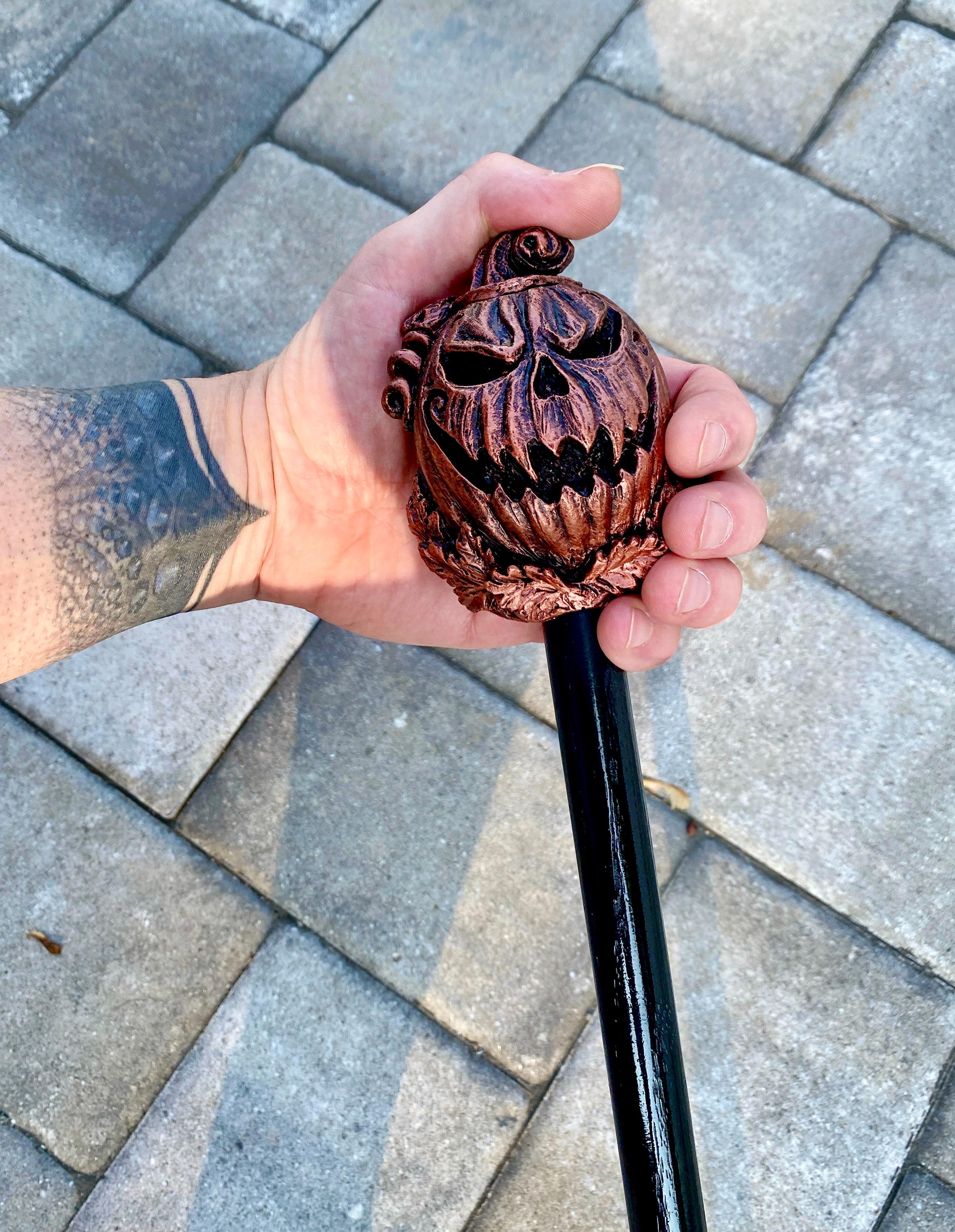 Jack O' Lantern Cane, Hand Sculpted Walking Stick | Halloween Gothic Cane | Fantasy Cosplay Pumpkin Jack O' Lantern Cane, Gothic Accessory